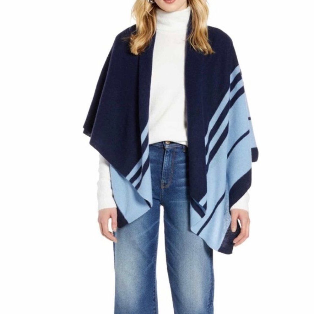 Halogen 100% Cashmere Stripe Wrap‎ Shawl Scarf, Blue/Black Luxury Cashmere NWT